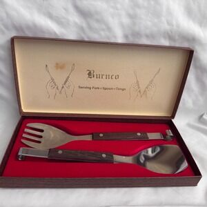 Vintage Burnco Serving Fork & Spoon‎ = Tongs Stainless Steel Japan